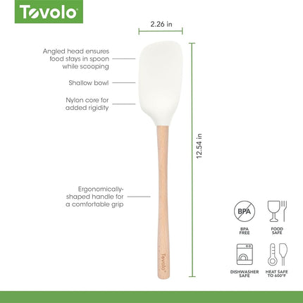 Tovolo Flex-Core White Wood-Handled Spoonula, Silicone Spoon Spatula Head with Ergonomic Grip & Wooden Handle, Silicone Spatula Spoon for Cooking & Cake Decorating BPA-Free
