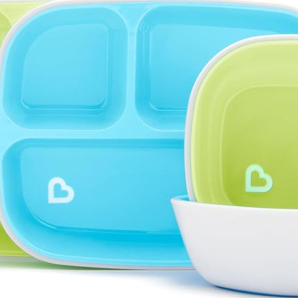 Munchkin Splash 4 Piece Toddler Divided Plate and Bowl Dining Set, Blue/Green