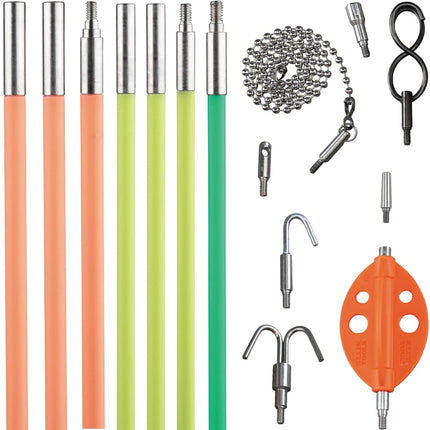 KLEIN TOOLS 50354 35-Foot Multi-Flex Glow Fish Rod Set, (4) Fiberglass Rods, Adapter, Bullet Nose, Hook Attachments, Splinter Guard Coating
