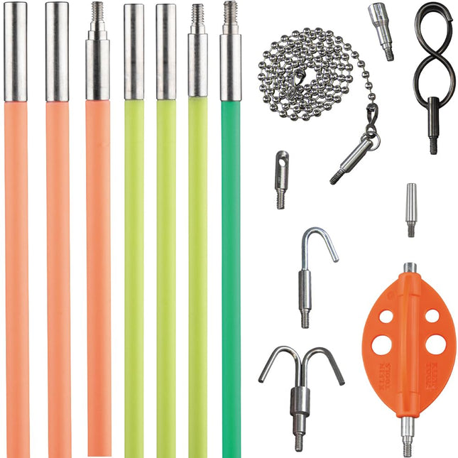 KLEIN TOOLS 50354 35-Foot Multi-Flex Glow Fish Rod Set, (4) Fiberglass Rods, Adapter, Bullet Nose, Hook Attachments, Splinter Guard Coating