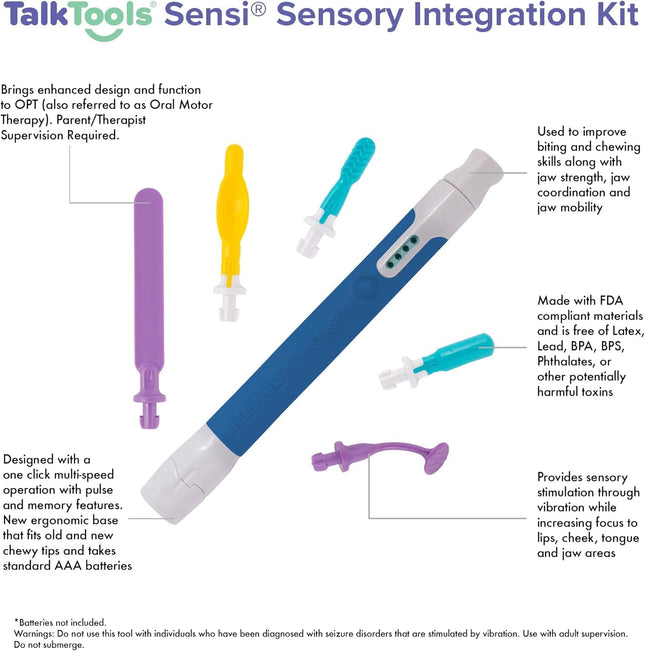 Kit d'intégration sensorielle TalkTools Sensi - Outil sensoriel oral avec nouvelle base ergonomique | Améliore les compétences de morsure et de mastication, la coordination et la mobilité de la mâchoire | 5 embouts oraux et pochette de rangement