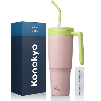 Gobelet isotherme Konokyo avec poignée et paille, bouteille d'eau en acier inoxydable sous vide de 40 OZ, tasse de voyage en métal avec diffuseur de fruits, cerise