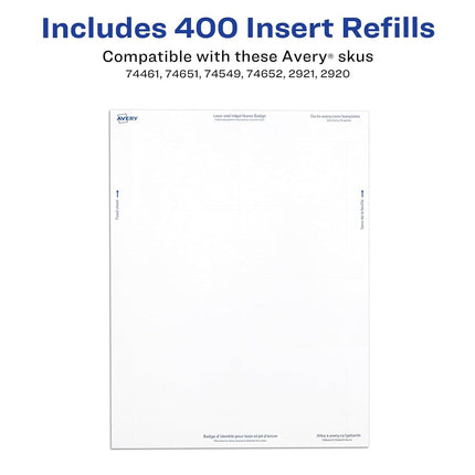Avery Name Badge Inserts, Print or Write, 2-1/4 Inch x 3-1/2 Inch, 400 Card Stock Refills (5390), White