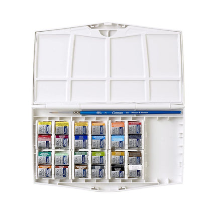 Winsor & Newton, Cotman Watercolour 'Travel Set', 24 x Half Pans + 1 x Cotman Watercolour Round Brush