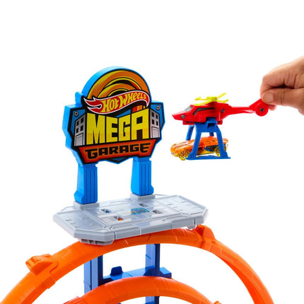 Hot Wheels Mega Loop Garage Track Set with Toy Car & Helicopter