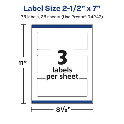 Avery Durable Waterproof Rectangle Labels with Sure Feed, 2.5" x 7", 75 Oil and Tear-Resistant Waterproof Labels, Print-to-The-Edge, Laser/Pigment-Based Inkjet Printable Labels