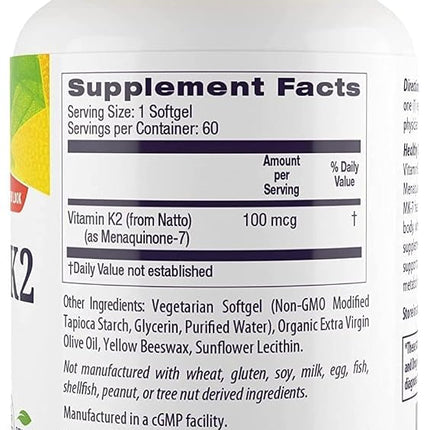 Healthy Origins Vitamin K2 As MK-7 Supplement, 100 mcg, 60 Count