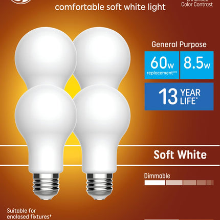 Bombillas LED GE Relax, paquete de 4, equivalentes a 60 W, regulables, luz blanca suave, A19 para artefactos de iluminación