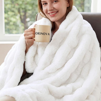 ORINOVA White Faux Rabbit Fur Throw Blanket for Be