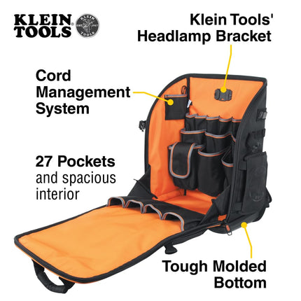 Klein Tools 62482 Tool Backpack, Tool-Station Pro Heavy-Duty Organizer with 27 Pockets, Large Interior, Molded Bottom, Electrician Tool Bag