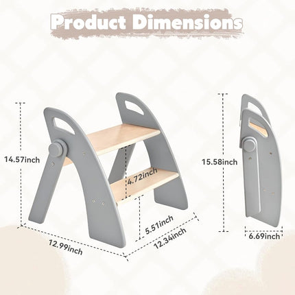 Wooden 2 Step Stool for Kids Bathroom Sink Foldable Anti-Slip 2-Step for Toilet Potty Training, Child Stepping Stool for Kitchen Nursery Bedroom, Sturdy Non Slip Adult Stool for Closet Grey