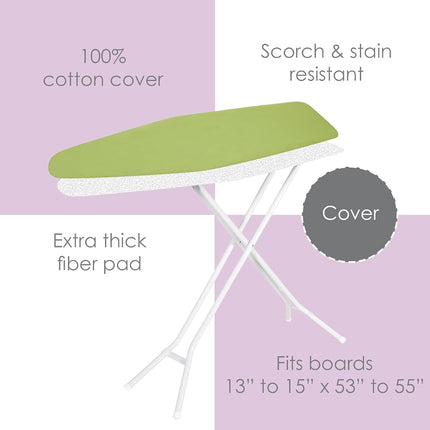 Ironing Board Cover and Pad (Sage Green), 100% Cotton with Premium Polyester Padding by Seymour Home Products; Fits Full Size Board | Stain and Scorch Resistant; Elastic Edge | Laundry Accessories