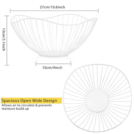 Metal Wire Fruit Basket, White Fruit Bowl for Kitchen Counter, Fruit Holder Stand Storage Baskets for Countertop, Home Decor, Table Centerpieces, Vegetable Bowls for Fruits, Veggies, Snacks (White)