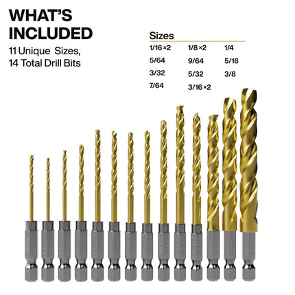 Klein Tools 53614 14-Piece Titanium Drill Bit Set, Impact-Rated, 1/4-Inch Hex Shank, Cuts Metal, Plastic, Wood, 11 Unique Sizes