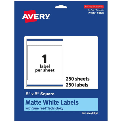 Avery Matte White Square Labels with Sure Feed, 8" x 8", 250 Matte White Printable Labels