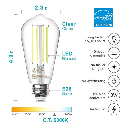 TJOY - Edison Bulbs e26 Bulb Equivalent to 5000K 60W, Pack of 12