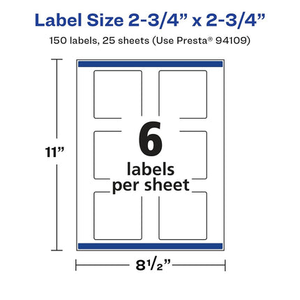 Avery Glossy White Square Labels with Sure Feed, 2.75" x 2.75", 150 Glossy White Labels, Print-to-The-Edge, Permanent Label Adhesive, Laser/Inkjet Printable Labels