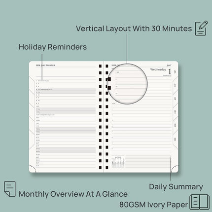 POPRUN Academic Diary 2026-2027 A5 Day to Page Spiral Hard Cover Mid Year Daily Diary (Jul'26 - Jun'27) A Day per Page with Monthly Tabs 26/27 Planner(Pacific Green)