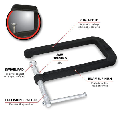 Performance Tool W3982 8-Inch Deep Throat C-Clamp,