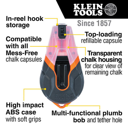 Klein Tools CHLK100 Manual Chalk Line, 100-Foot Nylon Thread Chalk Line Tool for Precise and Clear Lines with Built-in Plumb Bob