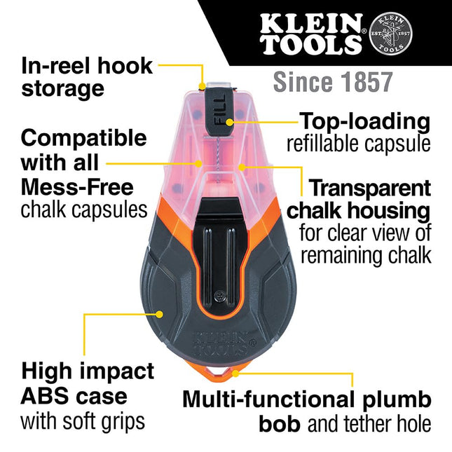 Klein Tools CHLK100 Manual Chalk Line, 100-Foot Nylon Thread Chalk Line Tool for Precise and Clear Lines with Built-in Plumb Bob