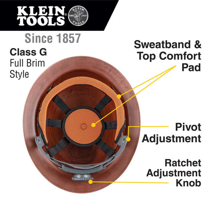 Klein Tools 60452 Hard Hat, Full Brim, Class G KONSTRUCT Series Hard Hat, Sweat-Wicking Sweatband, Top Pad, Brown