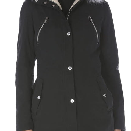 Nautica Women's Microfiber Parka Anorak Jacket With Faux Fur Hooded Trim, Black, S