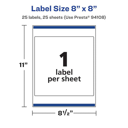 Avery Matte White Square Labels with Sure Feed, 8" x 8", 25 Matte White Printable Labels