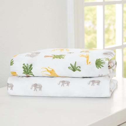 Sábanas ajustables Delta Children para cuna de niña y niño - Sábanas para cuna estándar y colchones para niños pequeños - 71x132 cm (paquete de 2), Safari Friends
