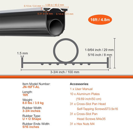 VEVOR Garage Door Seals Bottom Rubber, U Shape +O Ring Garage Door Bottom Weather Seal with Pre-drilled Aluminum Track Retainer Kit, 16ft 5/16 inch T-Ends and 3 3/4 inch Width, for Doors, Black