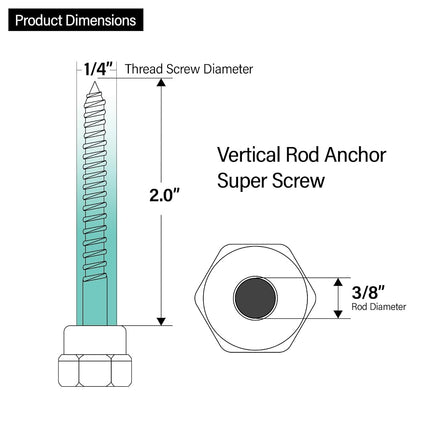 Everflow 8008957-25 Anclaje de varilla roscada vertical GST 20 3/8" diseñado para madera, acero con acabado de zinc, tornillo de 1/4 x 2 de largo (paquete de 25), paquete de 25