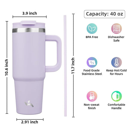Konokyo 40 oz Tumbler with Handle and 2 Straws,2 in 1 Lid Insulated Water Bottle Stainless Steel Travel Coffee Mug,Wisteria