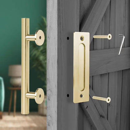 Rio Salto 12-Inch Brushed Brass Gold Barn Door Handle Kit, Closet Door Handle Stainless Steel, Pull Handle and Flush Handle Set, Heavy Duty Large Sliding Door Handles Hardware Included (1-Door Pack)