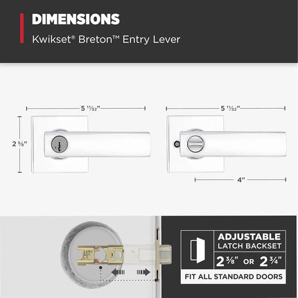 Kwikset Breton Entry Door Handle with Lock and Key, Secure Keyed Reversible Lever Exterior, Doorlock, for Front Entrance and Bedrooms, Polished Chrome, Pick Resistant Smartkey Rekey Security