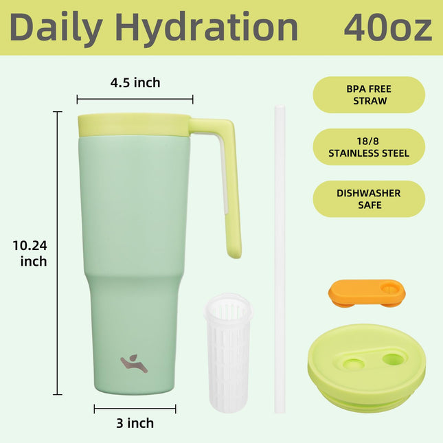 Gobelet isotherme Konokyo avec poignée et paille, bouteille d'eau en acier inoxydable sous vide de 40 OZ, tasse de voyage en métal avec diffuseur de fruits, Citron vert