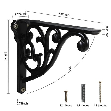 Shelf Brackets 8 Inch 4PCS Heavy Duty Matte Black Wall Bracket Baroque Kitchen Decorative Rack Shelves, Including All Hardware. (4, Black)