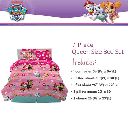 Franco Comforter and Sheet Set with Sham, Microfiber, Paw Patrol Girl, 7 Piece Queen Size