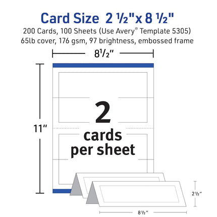 Avery Printable Tent Cards with Sure Feed Technology, 2.5" x 8.5", Embossed Border, Laser/Inkjet, 2-Pack, 100 Cards Per Pack, 200 Cards Total (25305)