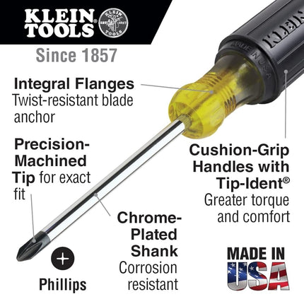 Screwdriver Set 8 Piece, 4 Phillips and 4 Flat Head Tips, Cushion Grip, Precision Machined Klein Tools 85078