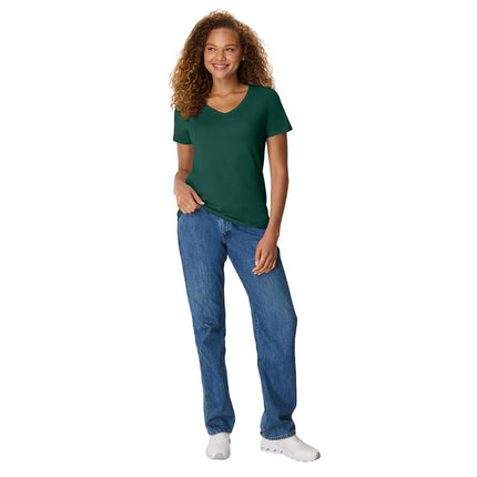 Hanes Perfect-T V-Neck T-Shirt, Cotton Short Sleeve Tee for Women, 1 or 2 Pack, Deep Forest - 1 Pack, S