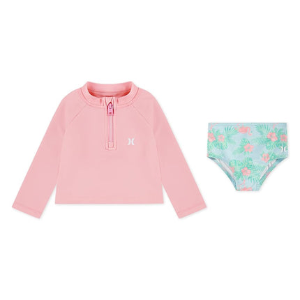 Hurley Baby and Toddler Long Sleeve Rash Guard Swim Suit 2-Piece Outfit Set, Pink Flamingo, 3T