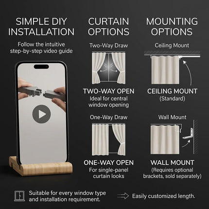 Quoya QL600 Motorised Smart Electric Curtain Track with Remote – Hidden Brackets, Automatic Curtain Opener – App & Voice Control – up to 3 m / 9.8 ft