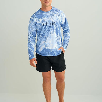 HUK Men's Standard Pursuit Pattern Crew Sleeve, Performance Shirt, Mossy Oak-Stormwater Spindrift