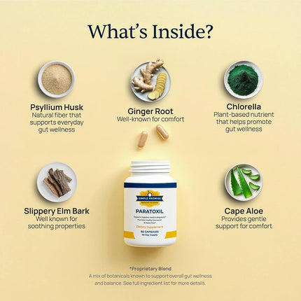 Simple Promise Paratoxil - Psyllium Husk Capsules for Daily Gut Wellness Support - with Slippery Elm, Aloe, Chlorella & Ginger - Natural Plant-Based Formula - 60 Capsules