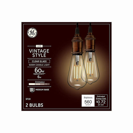 GE Lighting 36566 Clear Finish Light Bulb Dimmable LED Vintage Style ST19 6 (60-Watt Replacement), 560-Lumen Medium Base, 2-Pack, Warm Candle