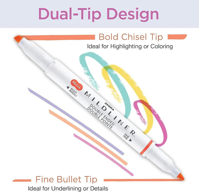 Zebra Pen Mildliner Double-Ended Highlighter Set, Broad and Fine Point Tips, No Bleed Bible Assorted Tropical Bisque Ink Colors, 10-Pack (78301)