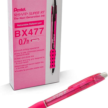 Pentel RSVP Super RT Ballpoint Pen, (0.7mm) Fine Line, Pink Ink - BX477-P(Pack of 12)
