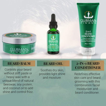 Clubman Pinaud 3-in-1 Beard Kit – Includes Conditioner, Beard Oil and Balm, Starter Kit for Men