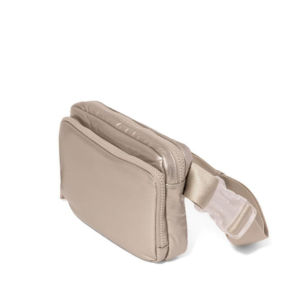Baggallini Modern Belt Bag 5x8 Travel Fanny Pack Sling Bag Waistpack w/RFID Card Holder Water-Resistant Crossbody Bag, Platinum Ecopuff, One Size