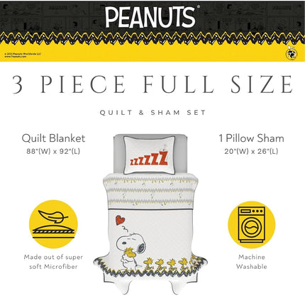 Franco Peanuts 75th Anniversary Snoopy & Woodstock Bedding Super Soft Cozy 3 Piece Full/Queen Coverlet Quilt and Sham Set, (Official Peanuts® Product)